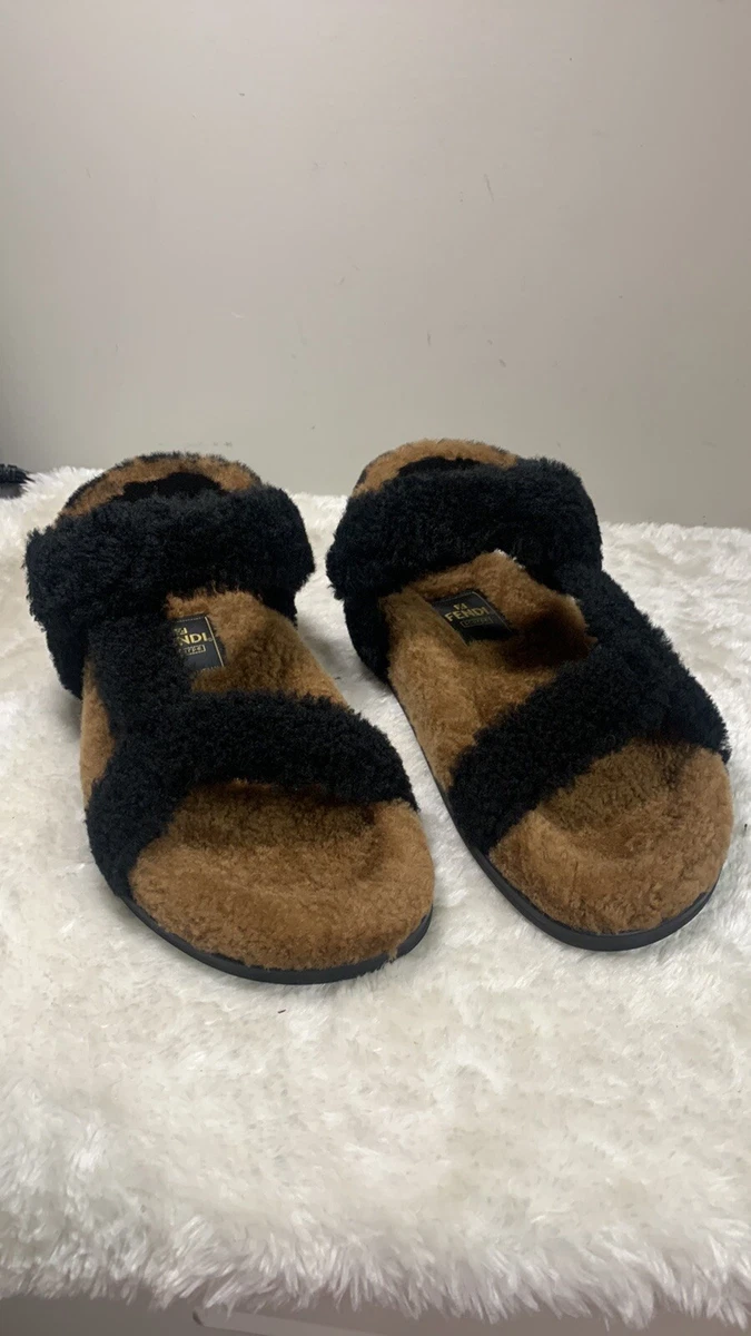 New FENDI Feel FF Logo Signature Shearling Strap Sandals Eur 37 7 1150