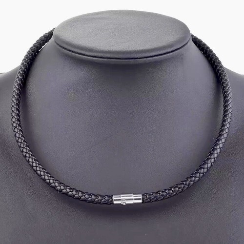 Genuine Leather Braided Necklace Black 