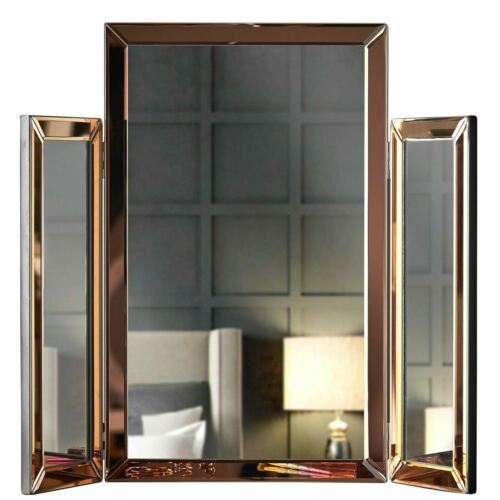 Gold Tri Fold Desktop Triple Mirror Bevelled Glass Vanity Dressing Table Bedroom