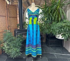 Vintage 1970s Hawaiian Blue Print Summer Cotton Maxi Dress Polynesian Bazaar