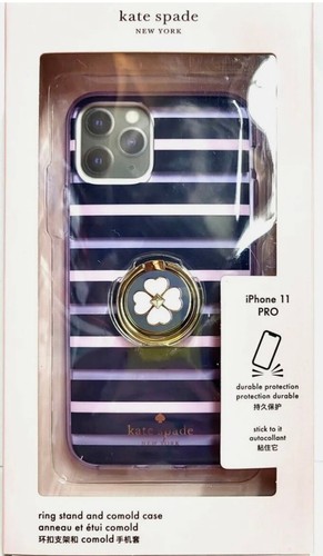 Kate Spade Ring Stand & Stripe iPhone 11 Pro Case Set Pink Blue Stripe Resin New - Afbeelding 1 van 6