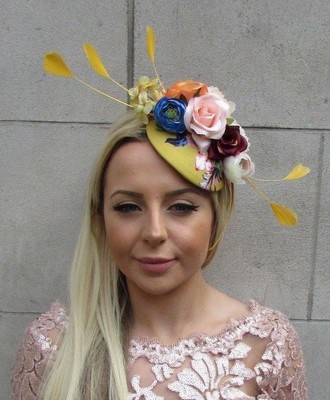 Mustard Yellow Blue Rose Flower Feather Hat Hair Fascinator