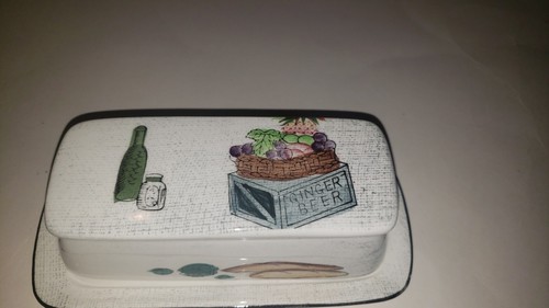 Vintage White Butter Dish Del Coronado Japan Hand Painted Beer Fruit Bread - Picture 2 of 4