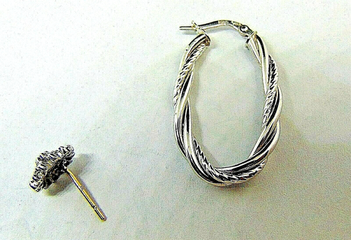 Vtg 9ct Gold Odd Earrings x 2 - White Gold Creole, White & Yellow Gold CZ Stud - Picture 12 of 19