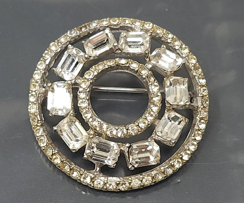 Vintage Silver Craft White Crystal Round Silver tone Brooch