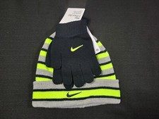NIKE Boys Youth 8/20  2 Piece Fold over Futura Beanie Hat Gloves Set Gray Volt