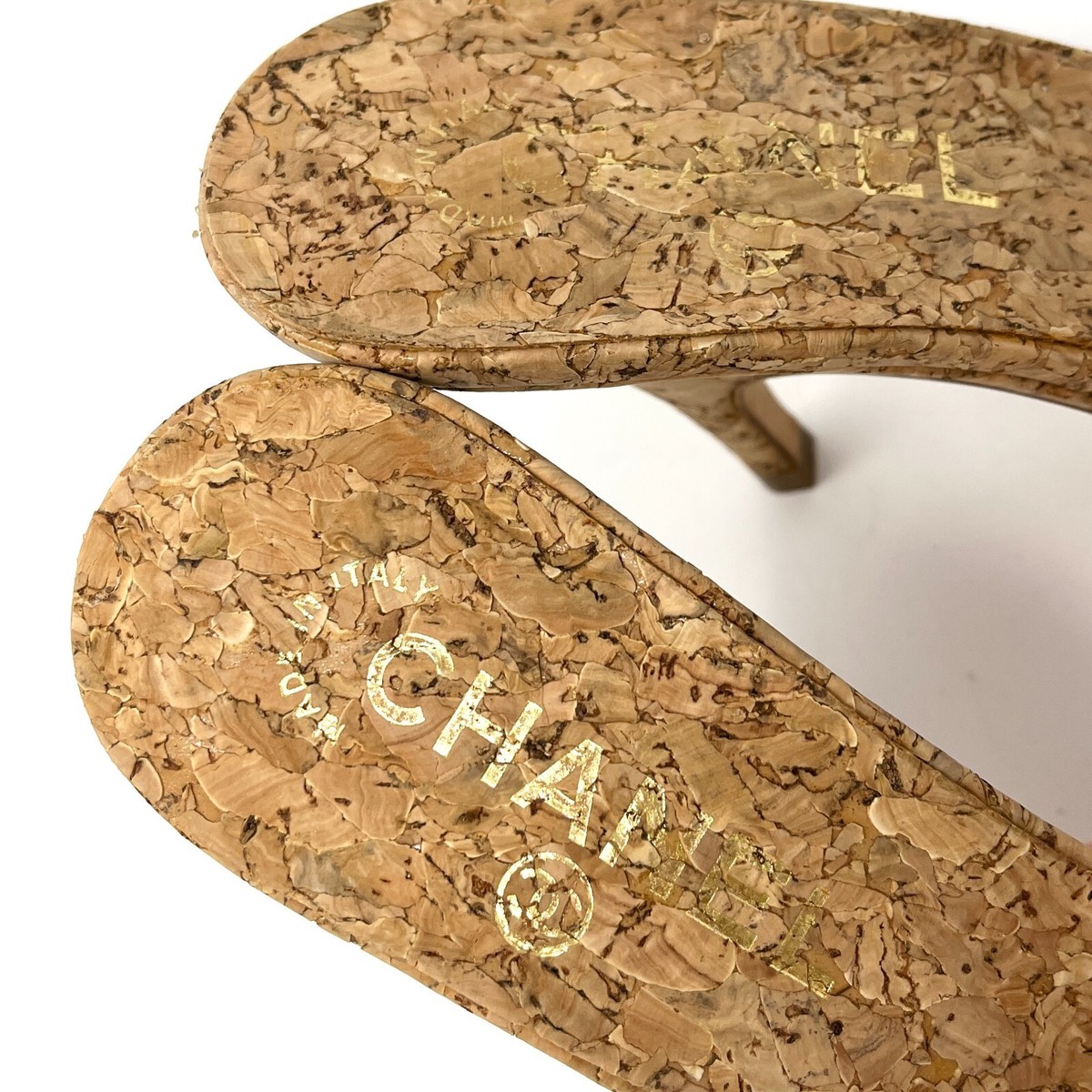 CHANEL Vintage Logo Cork Sandals Heels #37 US6.5 Pink Gold
