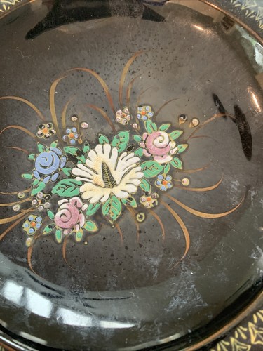 Black Glass Floral Pedestal Dish Plate Gold Rim Japan Hand Painted 7.75" - Picture 4 of 6