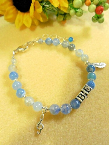 Sterling Silber BE Armband Musik Blatt Blau Achat Edelsteine Neu Made in USA - Bild 2 von 5