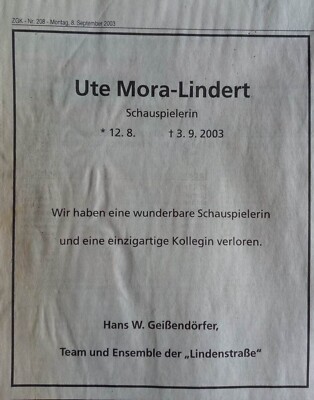 Zeitungsausschnitt Schauspielerin Ute Mora * die Berta Griese aus Lindenstraße