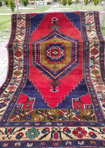Tappeto Nigde Primitivo Blu Indaco Vintage Anni 50-1960 Lana Vergine Pile 4’6”x 8’3” - Foto 2 di 10