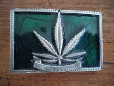 Marijuana Pot Leaf Cannabis US Homegrown NOS Vintage Belt Buckle Green Silver