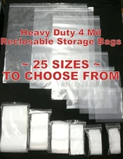 SMALL to EXTRA LARGE Clear Reclosable 4 MIL HEAVY DUTY Resealable Storage Bags