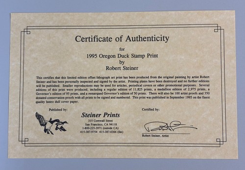 1995 Oregon State Duck Stamps & Print Governor's Edition - Robert Steiner - Picture 11 of 12