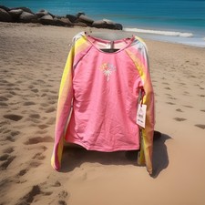 Justice Pink Bathing Suit Striped Swimsuit Rashguard Long Sleeve Girl's Sz L
