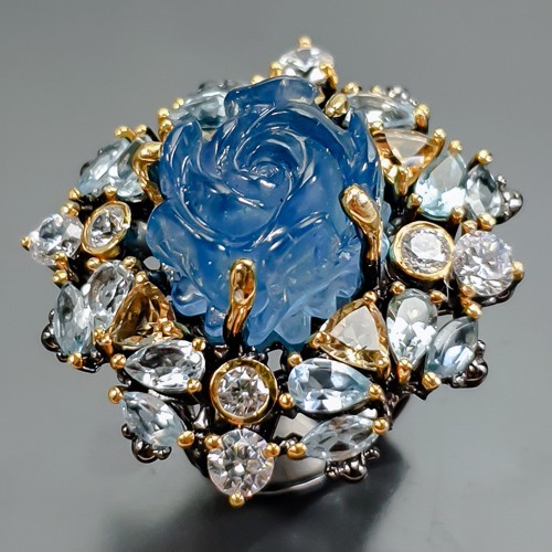 Carving AAA 15 ct+ Natural Aquamarine Ring 925 Sterling Silver Size 7 /R418997