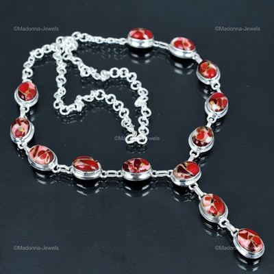 925 Silver Oval Kingman Red Mohave Copper Turquoise Stone Chain Necklace Jewelry