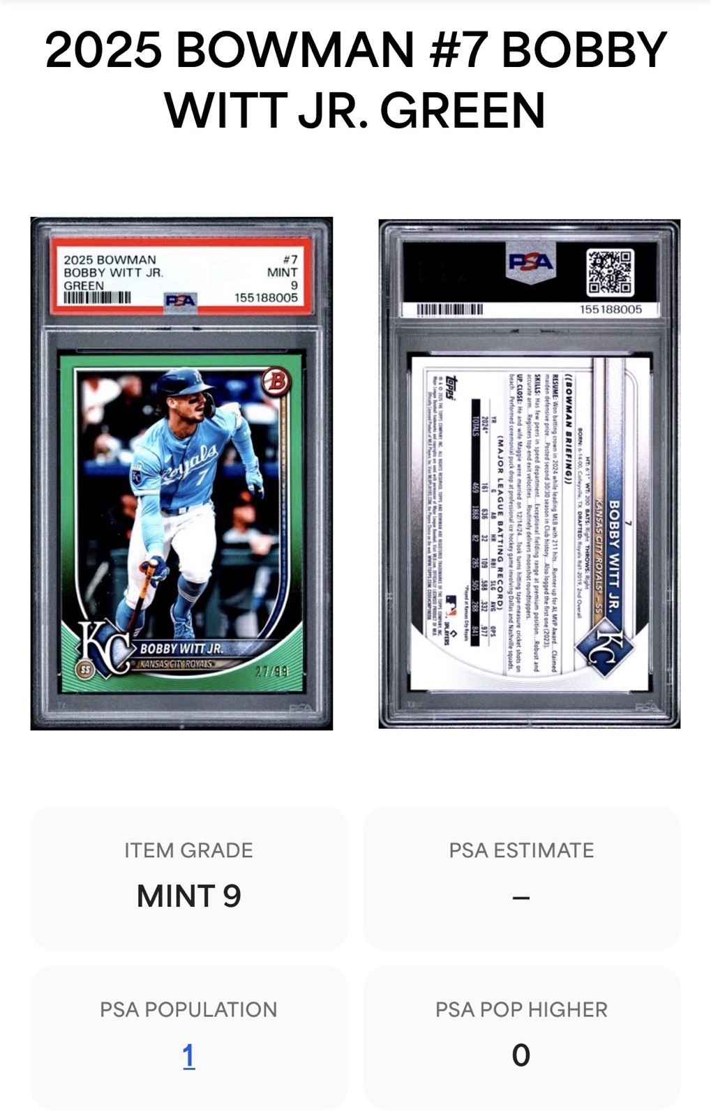 Topps 2025 Bowman Bobby Witt Jr #7 Green /99 Kansas City Royals PSA 9 view 3