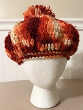 Vintage Handmade Crochet Beret Pom Pom Sunset Variegated Boho 70s Style RED