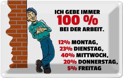 Blechschild 20x30 cm Gebe immer 100% bei der Arbeit Dekoration Spruch Zitat Deko