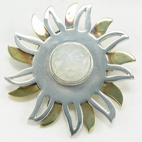 Mexikanische Sterling Silber Brosche Anhänger zweifarbig Sonne, geschnitzter Mondstein - Bild 1 von 6