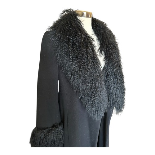 Marvin Richards VTG Curly Lamb Wool Trim Long Coat Black Sz 8 - Picture 2 of 9
