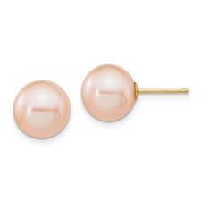14k Yellow Gold 9-10mm Pink Round Freshwater Cultured Pearl Stud Earrings