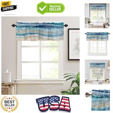 Coastal Beach Valances - Navy Blue Kitchen Curtains - Abstract Blue Wave Wind...