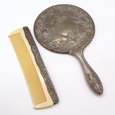 Set specchio e pettine vintage piatto argento a mano ornato vittoriano floreale repoussé