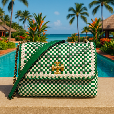 NEW Tory Burch Kira Green Woven Leather Small Convertible Shoulder