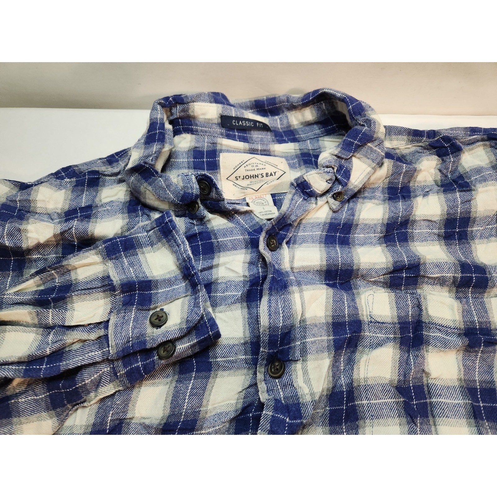 ST JOHNS BAY Mens Classic Fit Blue White Plaid Flannel Long Sleeve Shirt Large