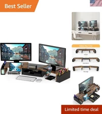 Rustic Brown Desk Dual Monitor Stand with Organizers for Optimal Comfort