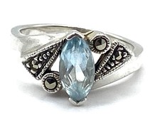 Vintage Sterling Silver / 925 Blue Topaz Marcasite Ring Size 7.75