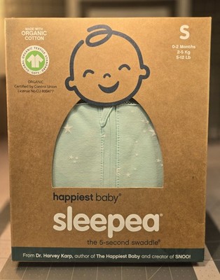 Sleepea Swaddle Happiest Baby Small 5-12 lb Teal Stars Green Organic Cotton New
