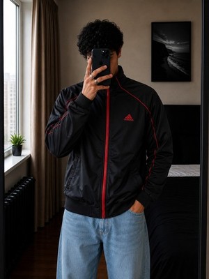Vintage Adidas Track Jacket Black Red Y2K Size L