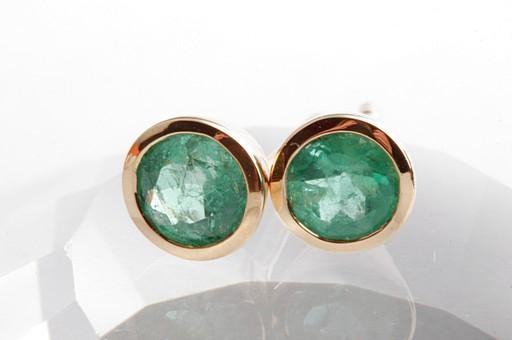 Emerald Earrings Ear Stud 0,92ct Round Cut 750 18K Yellow Gold New Columbia