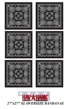 6-XL Hav-A-Hank BIG SIZED BLACK PAISLEY 27" Cotton BANDANA Wrap FACE Mask Scarf