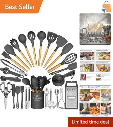 34PCS Heat-Resistant Silicone Kitchen Utensil Set with Wood Handles - Dark Gray - 第 1/9 張圖片