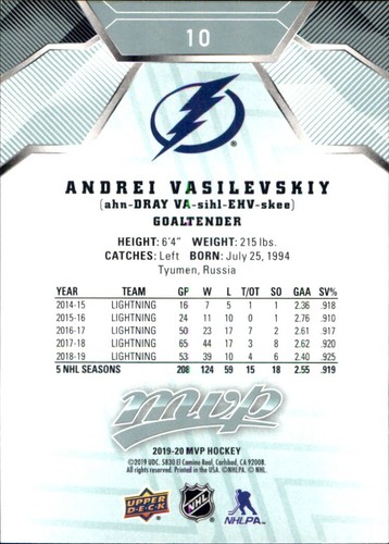 Andrei Vasilevskiy TAMPA BAY LIGHTNING 2019-20 Upper Deck MVP #10 - Picture 2 of 2