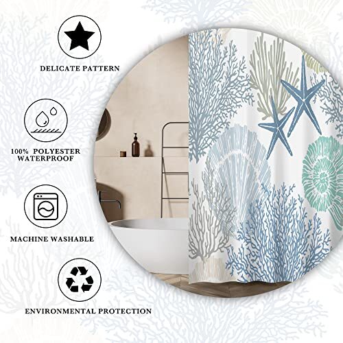Nautical Coastal Waterproof Fabric Shower Curtains Decorative Starfish Seashell - Picture 5 of 7