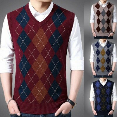 Men Knitted Vest Tank Top Argyle Sleeveless Sweater Pullover Jumper Slim Fit