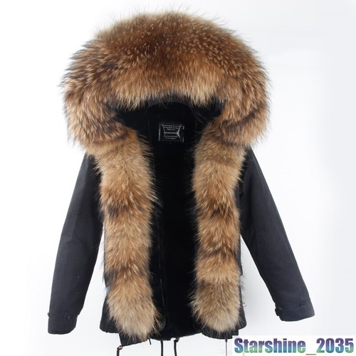 Chic Women Large Real Fur Collar Hood Coat Warm Jackets Short Parka Furry Winter - Picture 19 of 41