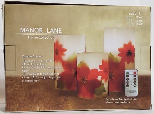 Flameless Candle 3 Pc Set Poinsettia W Remote LED, Manor Lane Home New - Picture 2 of 9