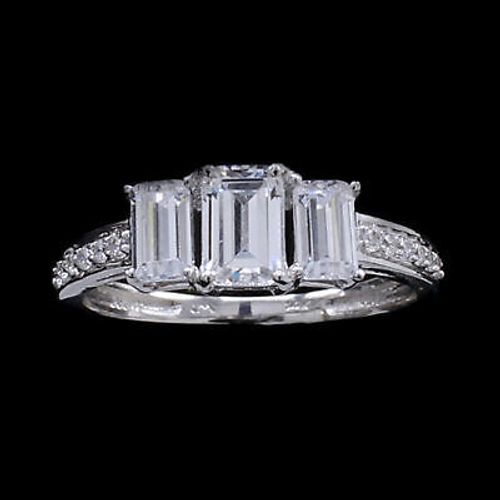 14K White Gold Three Stone Emerald Engagement Ring for Women