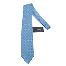 Drake's NWT Neck Tie Light Blue with White & Orange Geometric Pattern 100% Silk