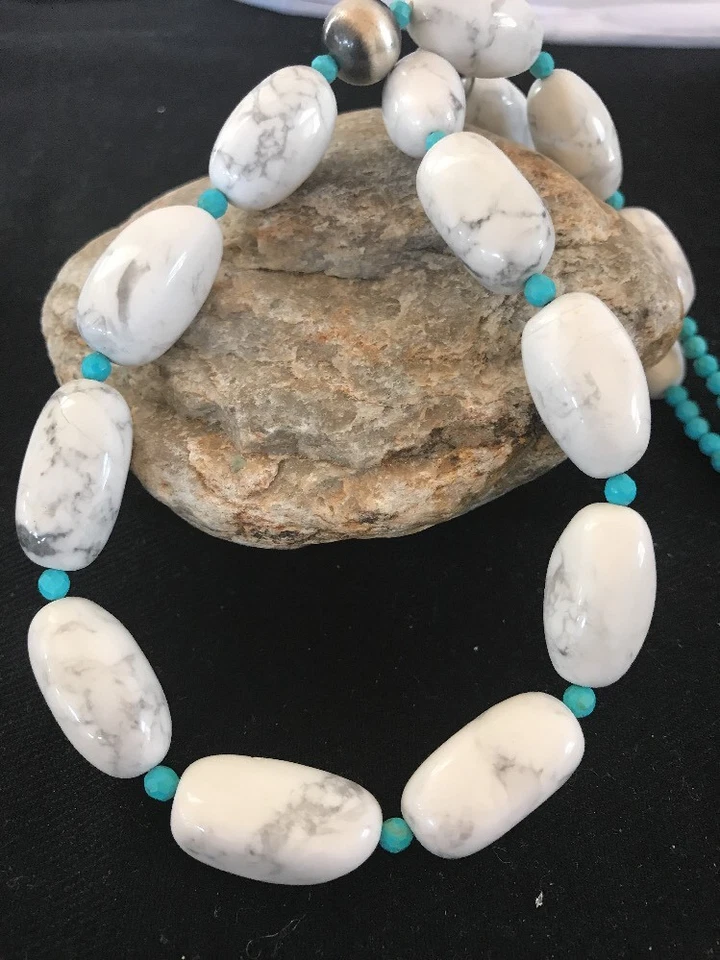 Navajo Sterling Silver White Howlite Turquoise Beads Necklace 22" 10241 - Image 4 of 4