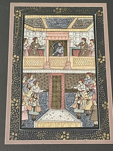 Pair Antique 19th c. Indo-Persian Palace Scenes Mughal Framed Watercolor Ink Art - Picture 2 of 8