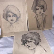 Lot Of 3 Antique Artist Pencil Sketch Drawing Woman Female Dorothy Bircher 1921