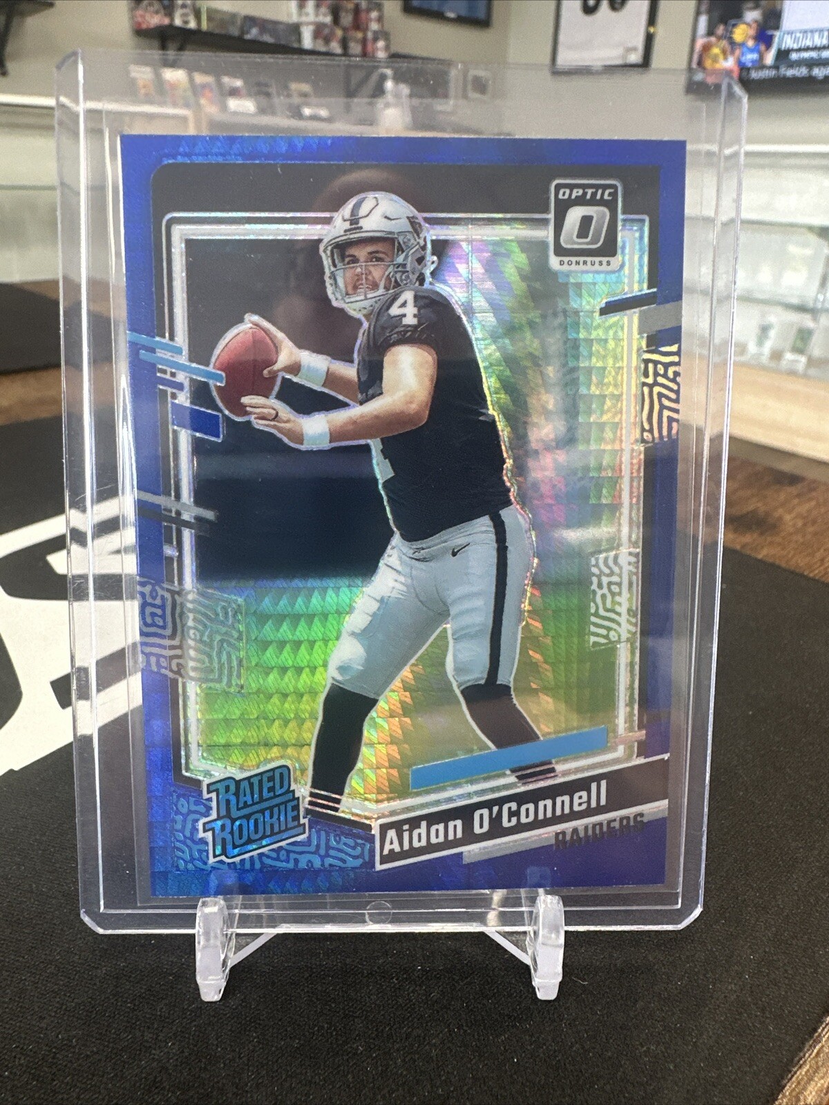 2023 Donruss Optic Aidan O’Connell #258 Blue Hyper Prizm Rated Rookie