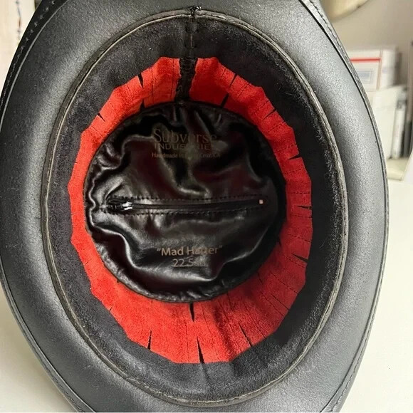 Black and Red Leather Top Hat - The Red Mad Hatter- 22.5” Black and Red Leather Top Hat -The Red Mad Hatter- Hand  main image 3